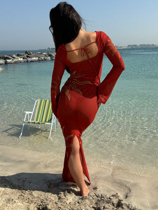 CELESTE CHERRY RED DOUBLE LAYERED SCULPTING MESH MAXI DRESS - PRE SALE