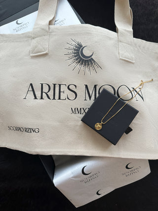 'Occasion Gifting SetLooking for the perfect gift for that Aries in your life? Our stunning 18K gold plated Aries necklace comes with our best selling Aries Cotton Tote Bag and both are Aries L'Occasion Gifting Set