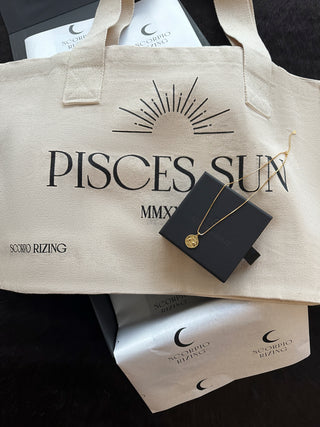 'Occasion Gifting SetLooking for the perfect gift for that Pisces in your life? Our delicately stylish 18K gold plated Pisces necklace comes with our best selling Pisces Cotton Tote Bag Pisces L'Occasion Gifting Set