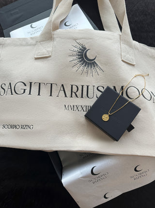 'Occasion Gifting SetLooking for the perfect gift for that Sagittarius in your life? Our stunning 18K gold plated Scorpio necklace comes with our best selling Sagittarius Cotton Tote BagSagittarius L'Occasion Gifting Set