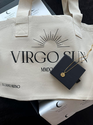 'Occasion Gifting SetLooking for the perfect gift for that Virgo in your life? Our stunning 18K gold plated Virgo necklace comes with our best selling Virgo Cotton Tote Bag and both are Virgo L'Occasion Gifting Set