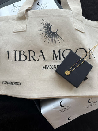 'Occasion Gifting SetLooking for the perfect gift for that Libra in your life? Our stunning 18K gold plated Libra necklace comes with our best selling Libra Cotton Tote Bag and both are Libra L'Occasion Gifting Set