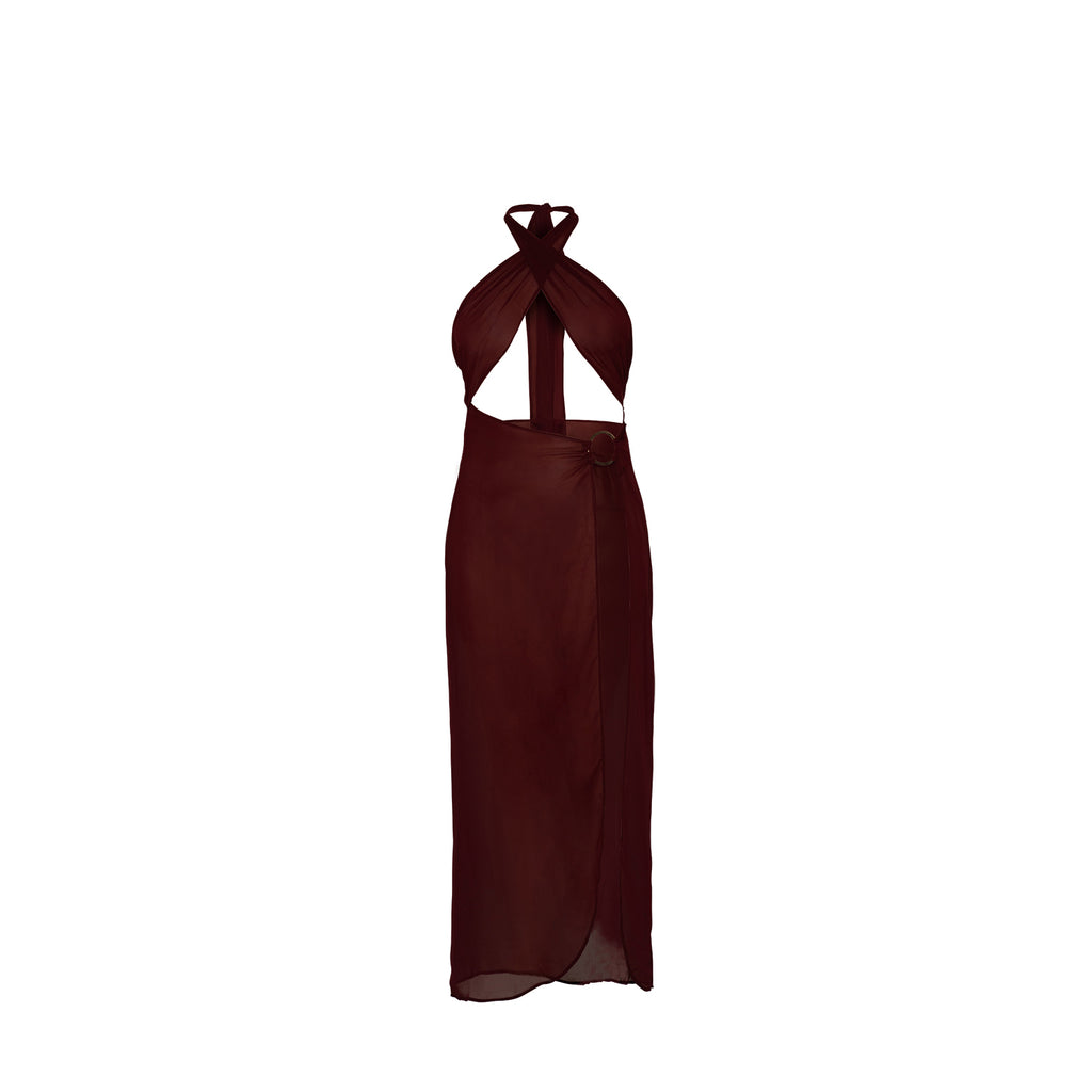 Brown La Musique Halter Neck Sheer Dress