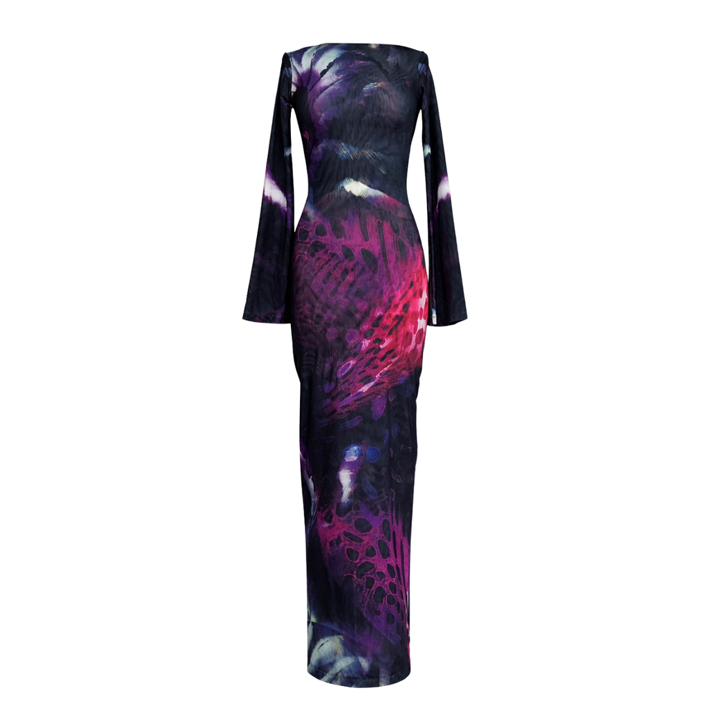 Nautilus Shell Print Double Layered Sculpting Mesh Maxi Dress