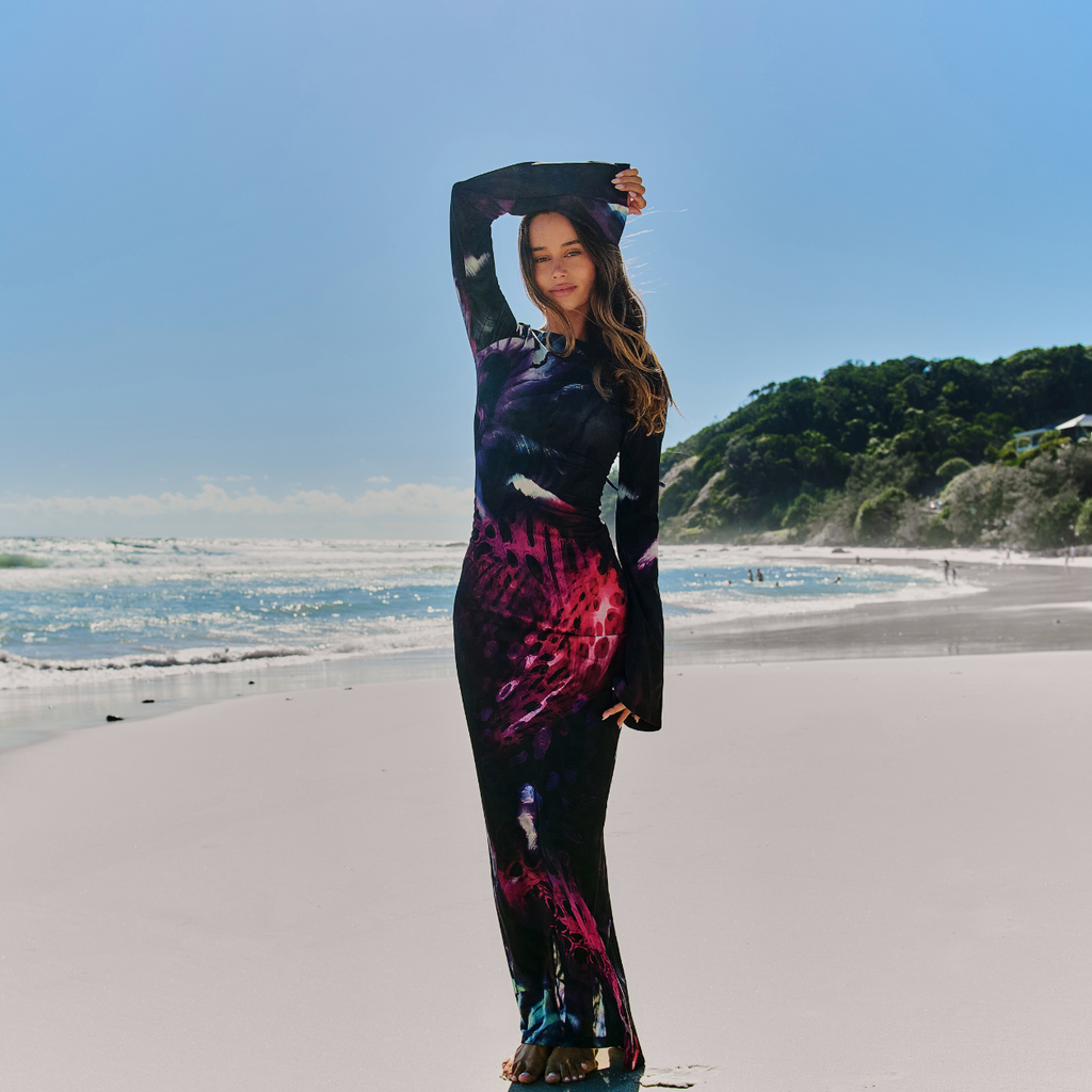 Nautilus Shell Print Double Layered Sculpting Mesh Maxi Dress