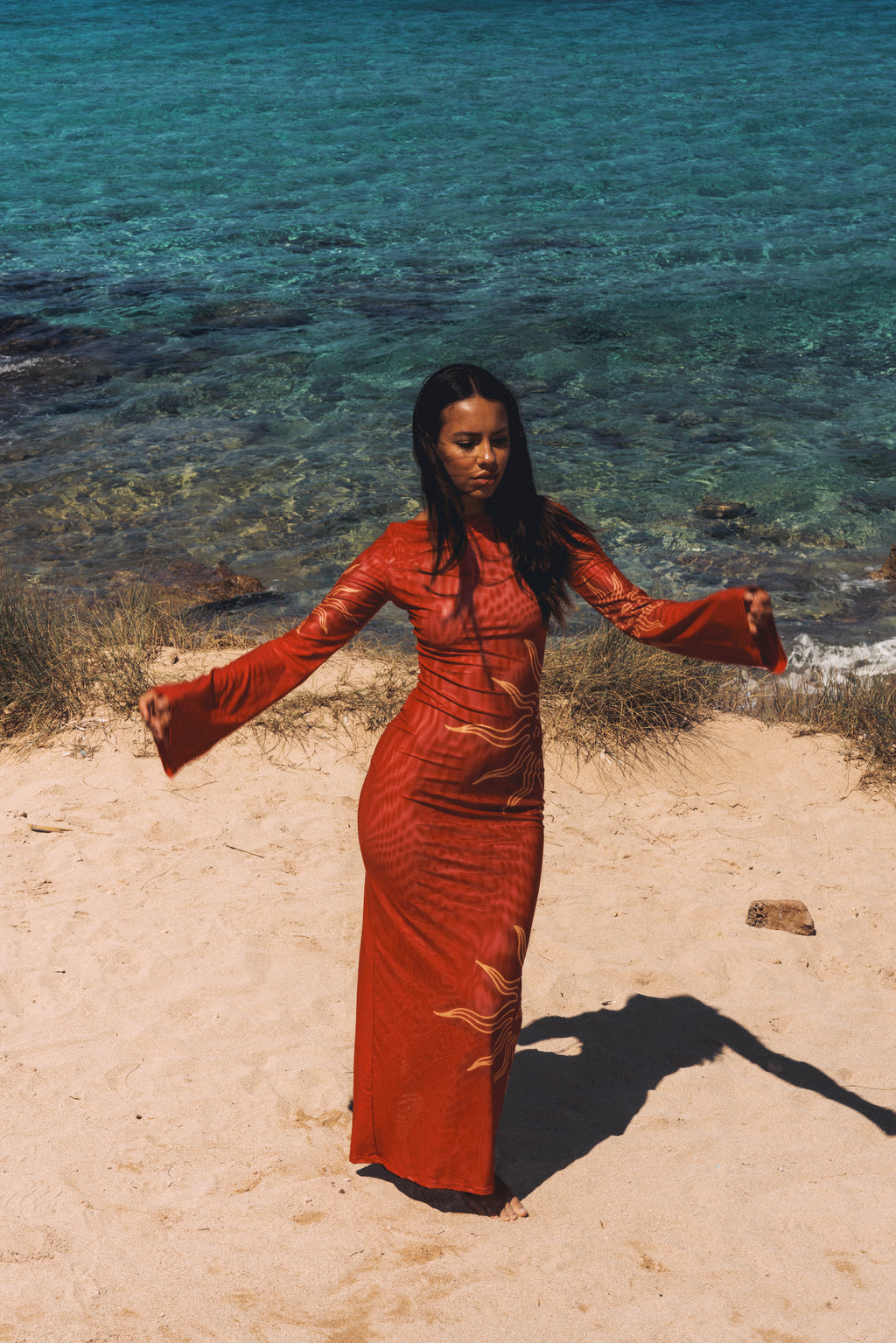 Celeste Cherry Red Double Layered Sculpting Mesh Maxi Dress