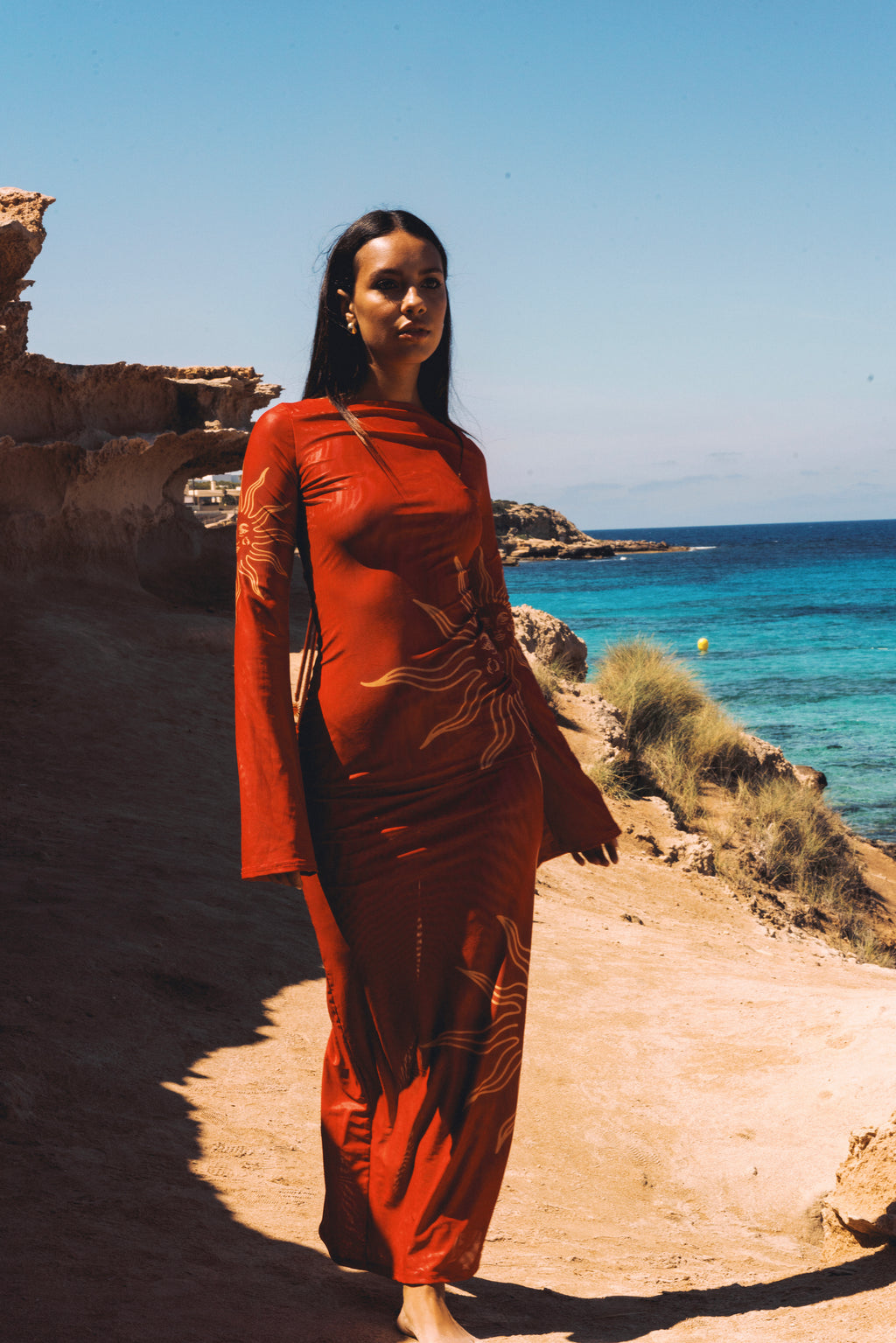 Celeste Cherry Red Double Layered Sculpting Mesh Maxi Dress